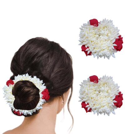 JAANSHU (Pack of 2) Scented Mogra Gajra Hair Accessories For Women & Girls - Hair Flower Bun Artificial Fake Gajra Scrunchies Rubber Band - Premium & Voluminous, Red Petals