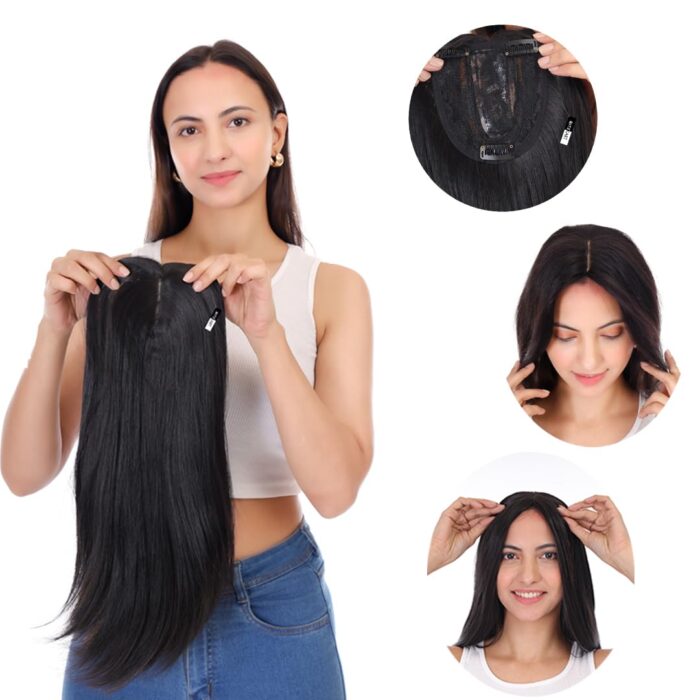 JAANSHU Clip on hair extension for Women Hair Darkest Brown In Color 20-Inch Hair Topper for Women Real Hair Look Great -Quality Synthetic, Center Part, 4x4 Base, Ideal for Bald Spots - Image 1
