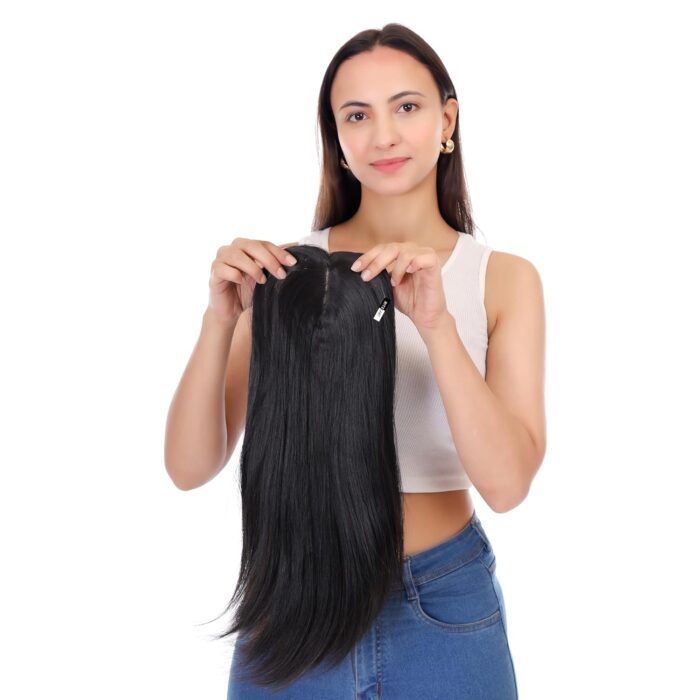 JAANSHU Clip on hair extension for Women Hair Darkest Brown In Color 20-Inch Hair Topper for Women Real Hair Look Great -Quality Synthetic, Center Part, 4x4 Base, Ideal for Bald Spots - Image 4