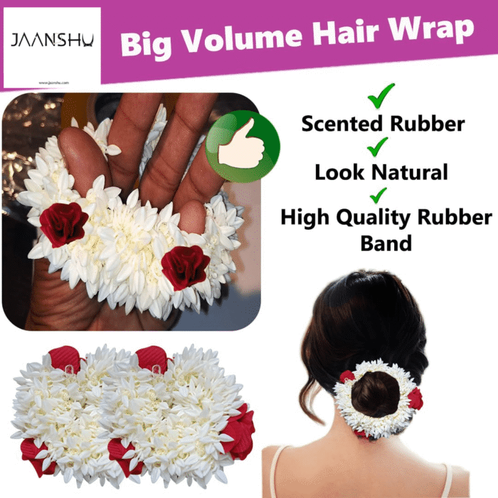 JAANSHU (Pack of 2) Scented Mogra Gajra Hair Accessories For Women & Girls - Hair Flower Bun Artificial Fake Gajra Scrunchies Rubber Band - Premium & Voluminous, Red Petals - Image 4