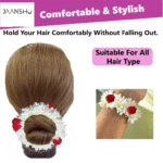 JAANSHU (Pack of 2) Scented Mogra Gajra Hair Accessories For Women & Girls - Hair Flower Bun Artificial Fake Gajra Scrunchies Rubber Band - Premium & Voluminous, Red Petals - Image 6