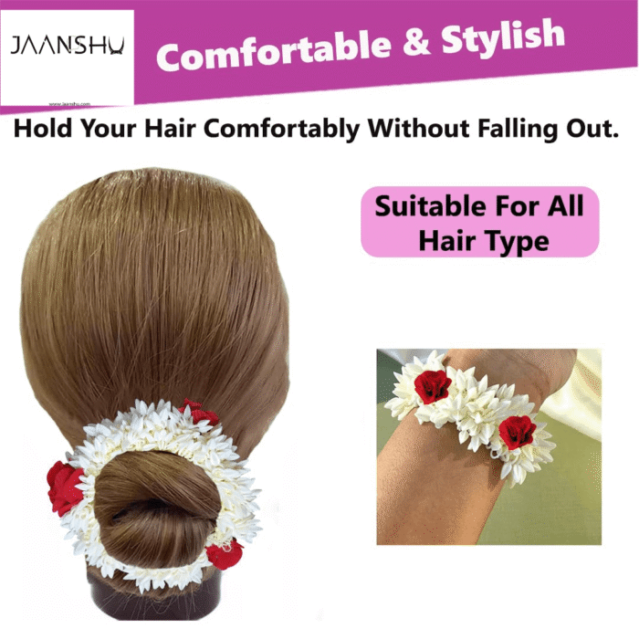JAANSHU (Pack of 2) Scented Mogra Gajra Hair Accessories For Women & Girls - Hair Flower Bun Artificial Fake Gajra Scrunchies Rubber Band - Premium & Voluminous, Red Petals - Image 6