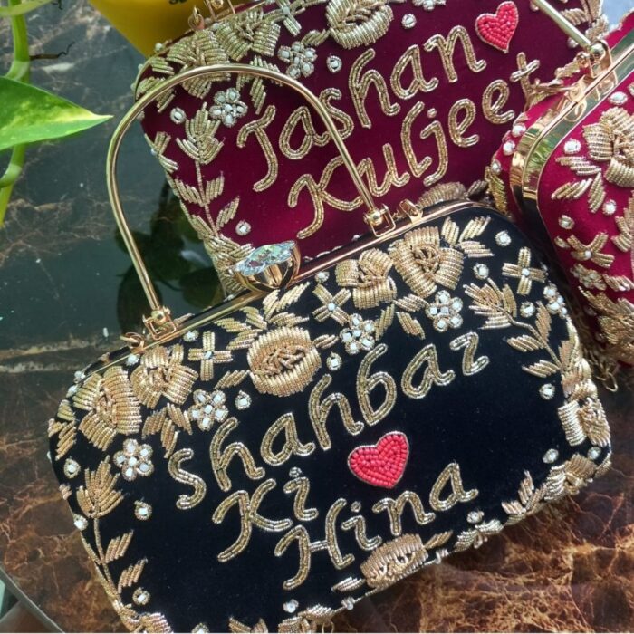 Personalized Bridal Purse with Name Embroidery | Matching Bridal Lehenga | Hindi, English, Urdu & Punjabi | Handcrafted Wedding Clutch for Brides - Image 3