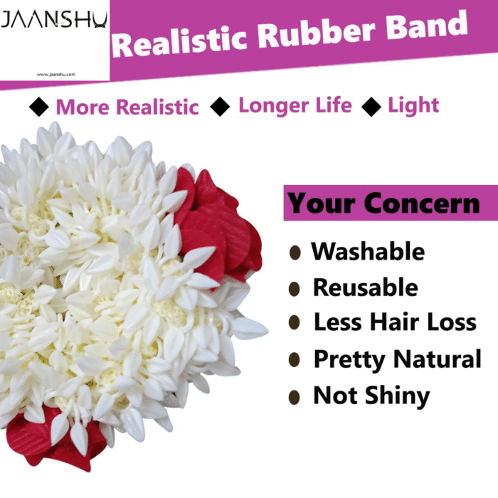 JAANSHU (Pack of 2) Scented Mogra Gajra Hair Accessories For Women & Girls - Hair Flower Bun Artificial Fake Gajra Scrunchies Rubber Band - Premium & Voluminous, Red Petals - Image 3