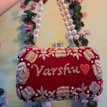 Personalized Bridal Purse with Name Embroidery | Matching Bridal Lehenga | Hindi, English, Urdu & Punjabi | Handcrafted Wedding Clutch for Brides